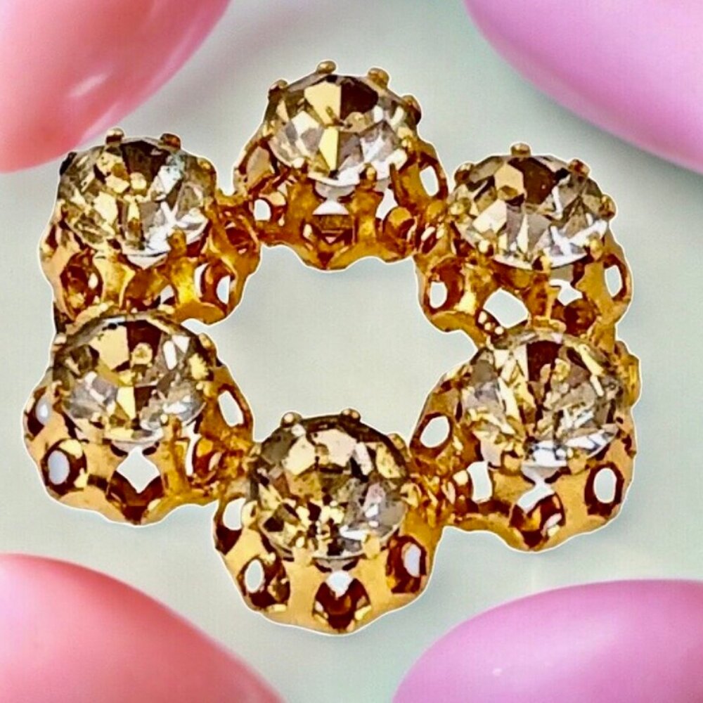 Made in Austria Vintage Crystal Round Brooch Goldtone and Clear